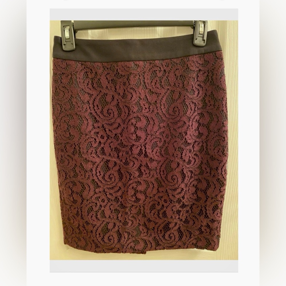 Ann Taylor Loft Plum Purple Black Lace Mini Pencil Straight Skirt 2P Petite NEW